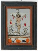 Hinterglasmalerei, 19. Jh., Jesus am Kreuz, verspiegelt, 18x11,5 cm, Rahmen