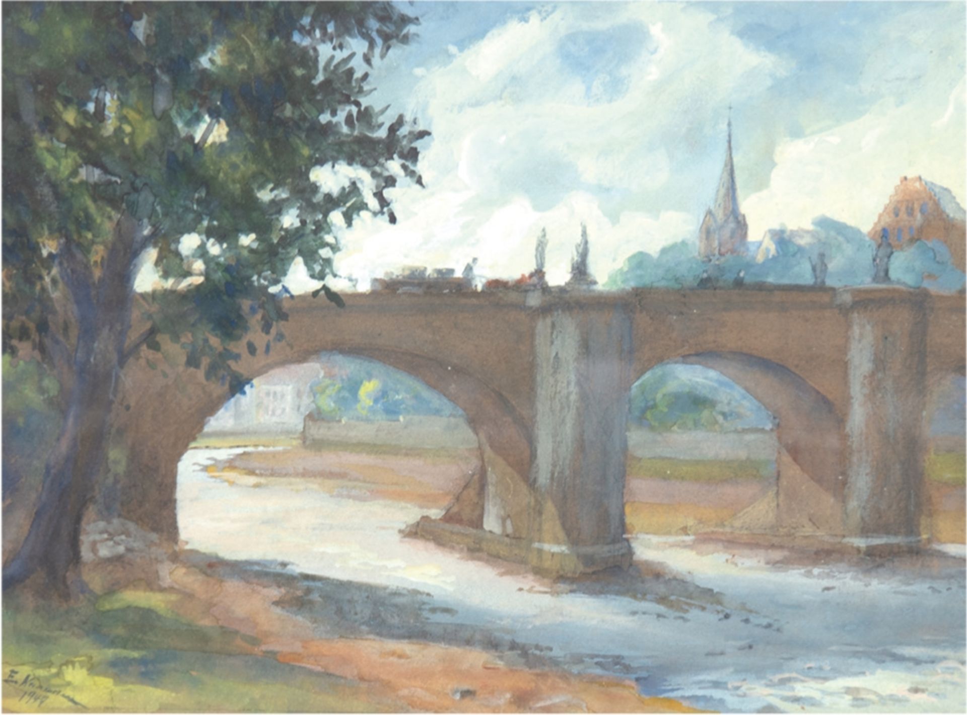 Neumann, E. "Elbbrücke bei Dresden", Aquarell, sign. u.dat. 1947 u.l., 27x37 cm, hinter Glas im Pas