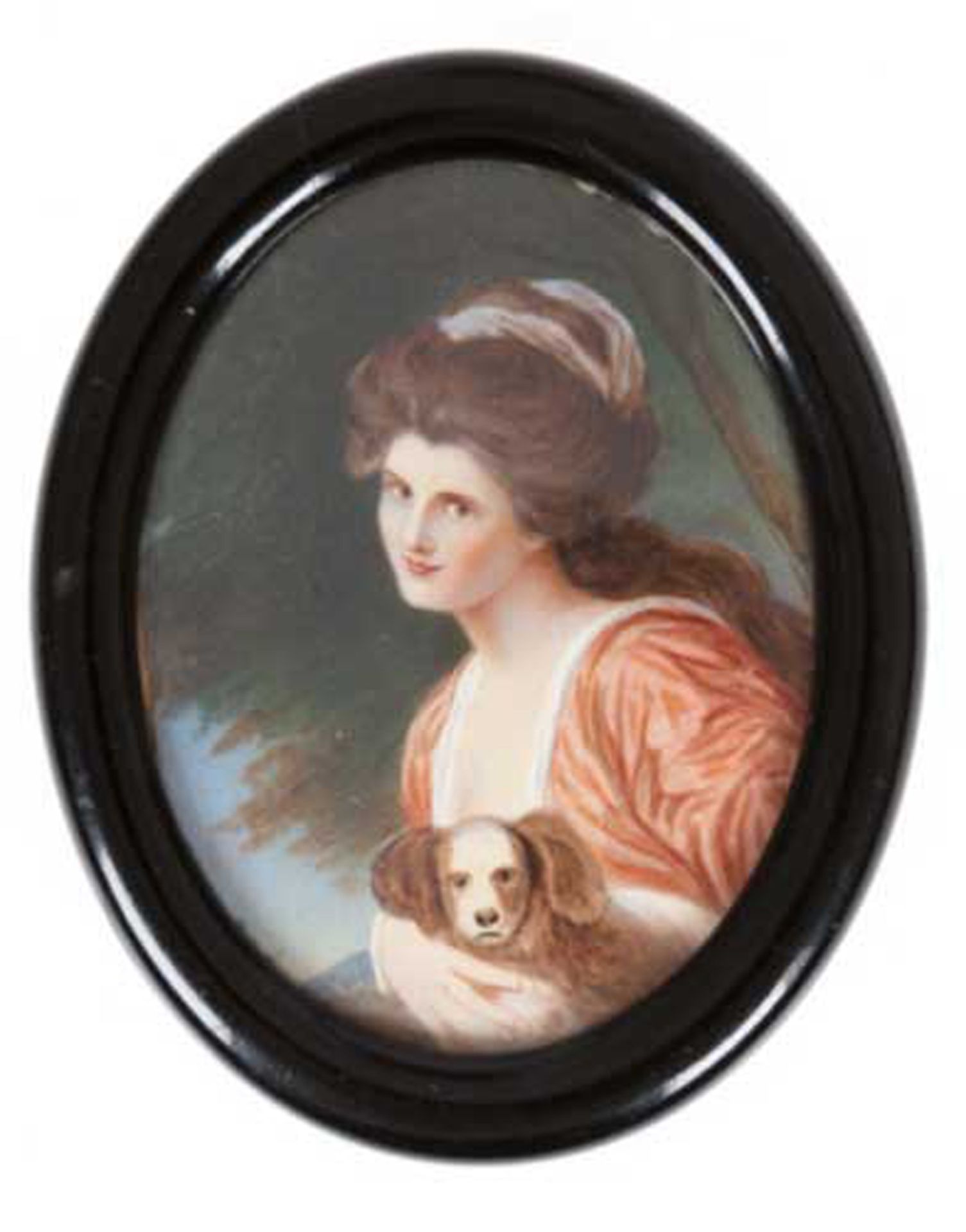 Miniatur "Damenporträt mit Hund", um 1900, Öl/Bein,unleserl. signiert u.l., oval, hinter Glas im eb