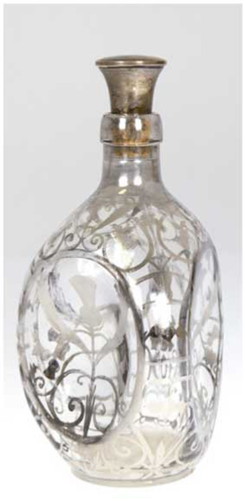 HAIG-Whiskyflasche mit Silberdekor und Silber-Stopfen, dreipassiger, gedrückter Korpus mit floralem