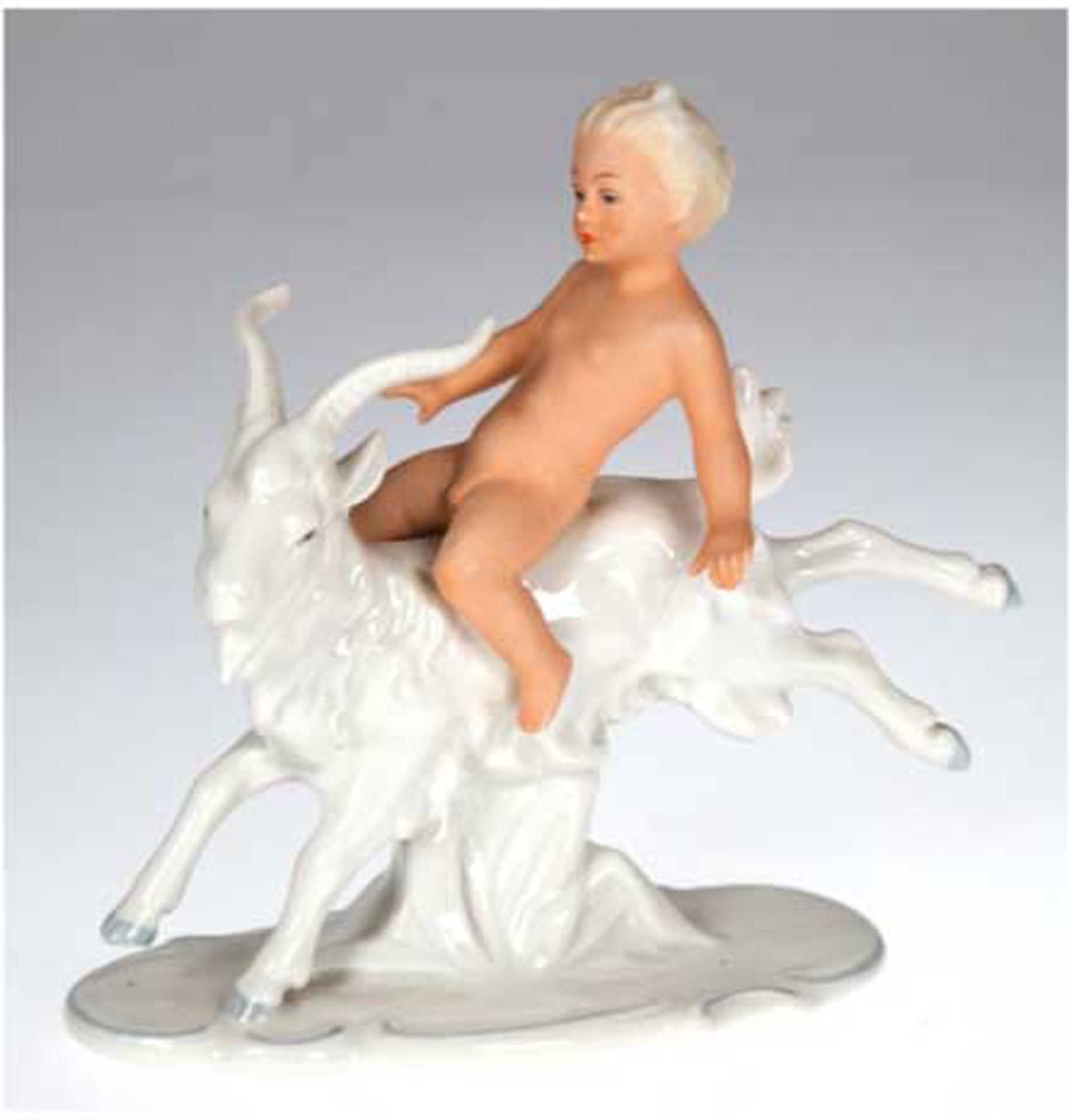 Porzellanfigur "Kind mit Ziegenbock", Schaubachkunst, Bisquitporzellan, unterseitig gemarkt, Modell