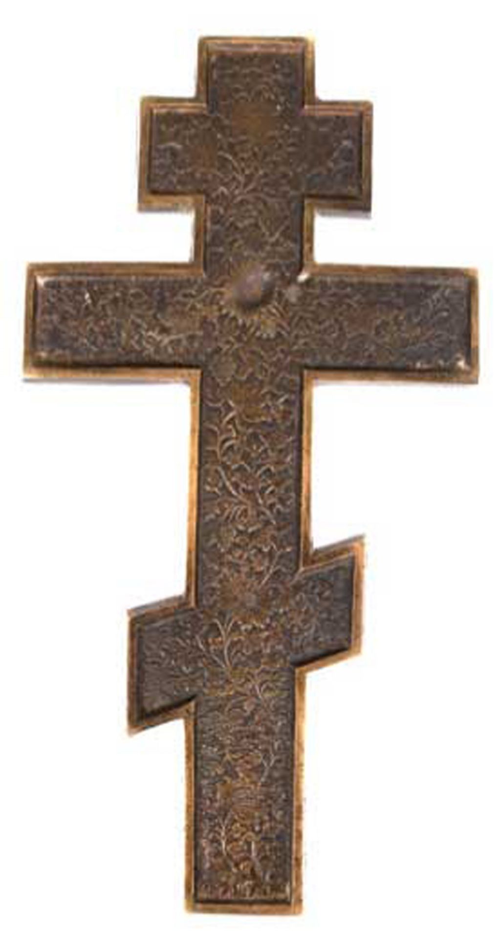 Orthodoxes Kreuz "Jesus am Kreuz", um 1780, Bronze, emailliert, reliefierte Heiligendarstellungen,  - Bild 2 aus 2