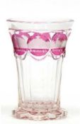 Biedermeier-Glas, Klarglas mit Facettenschliff,  rosafarbene Medaillons mit  8 Ansichten von Denkmä