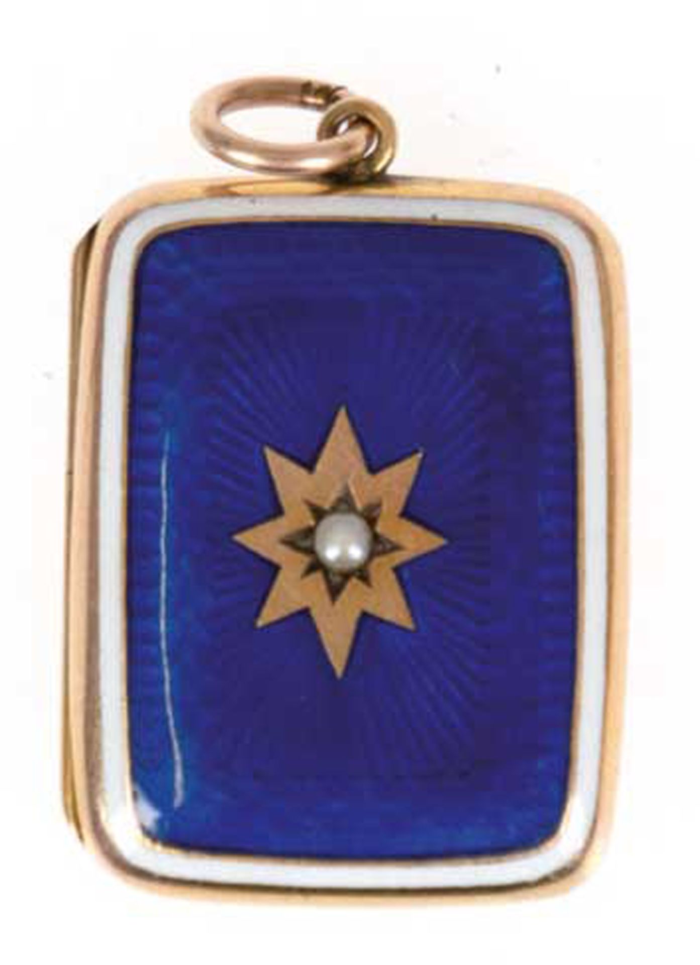 Medaillon, 18 kt G, blau emailliert, mittig Stern mit Saatperle, 2,7x2,1 cm, im Etui