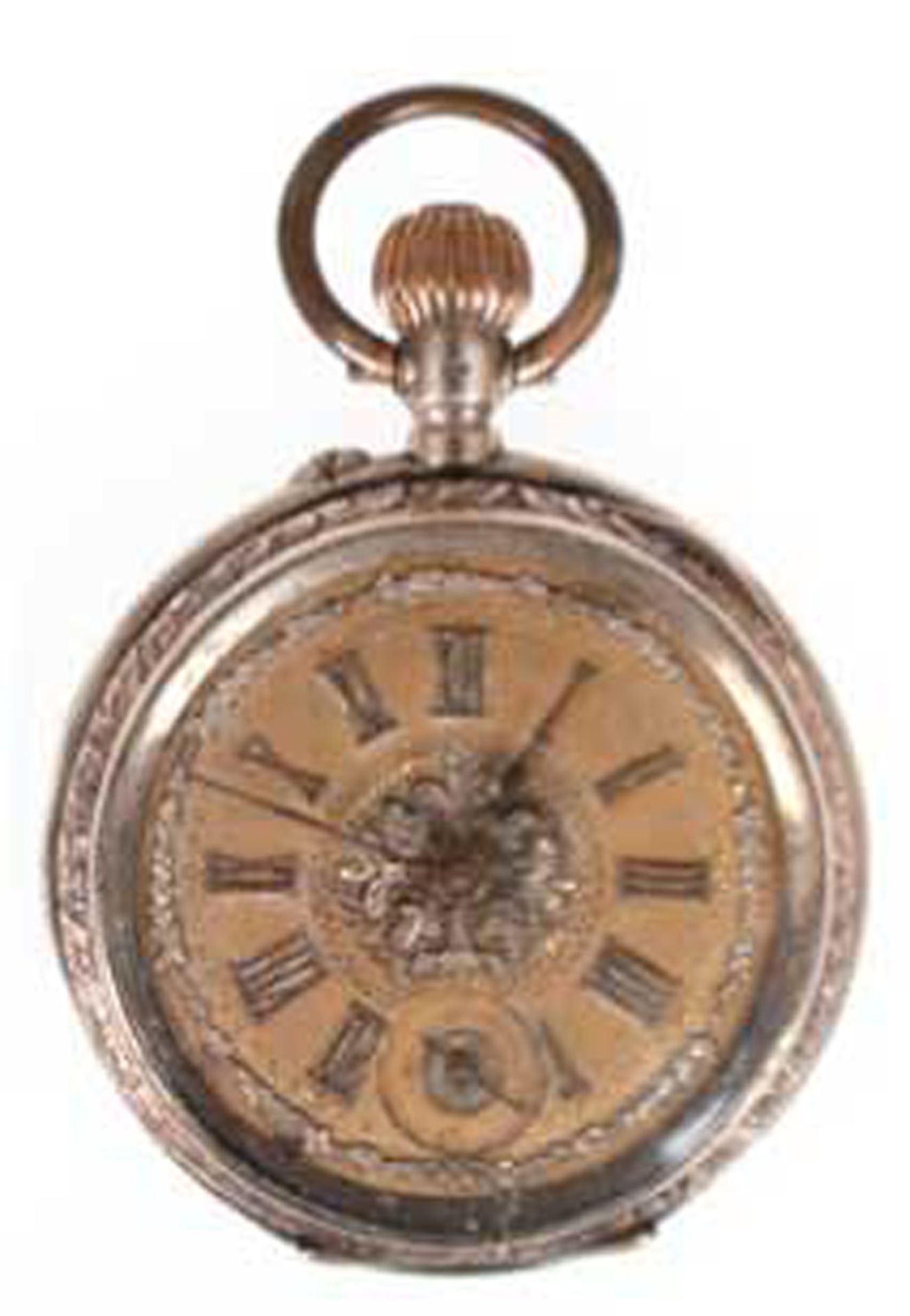Taschenuhr, Silber, aufwendig gestaltetes Messing-Ziffernblatt mit römischen Zahlen und kleiner dez