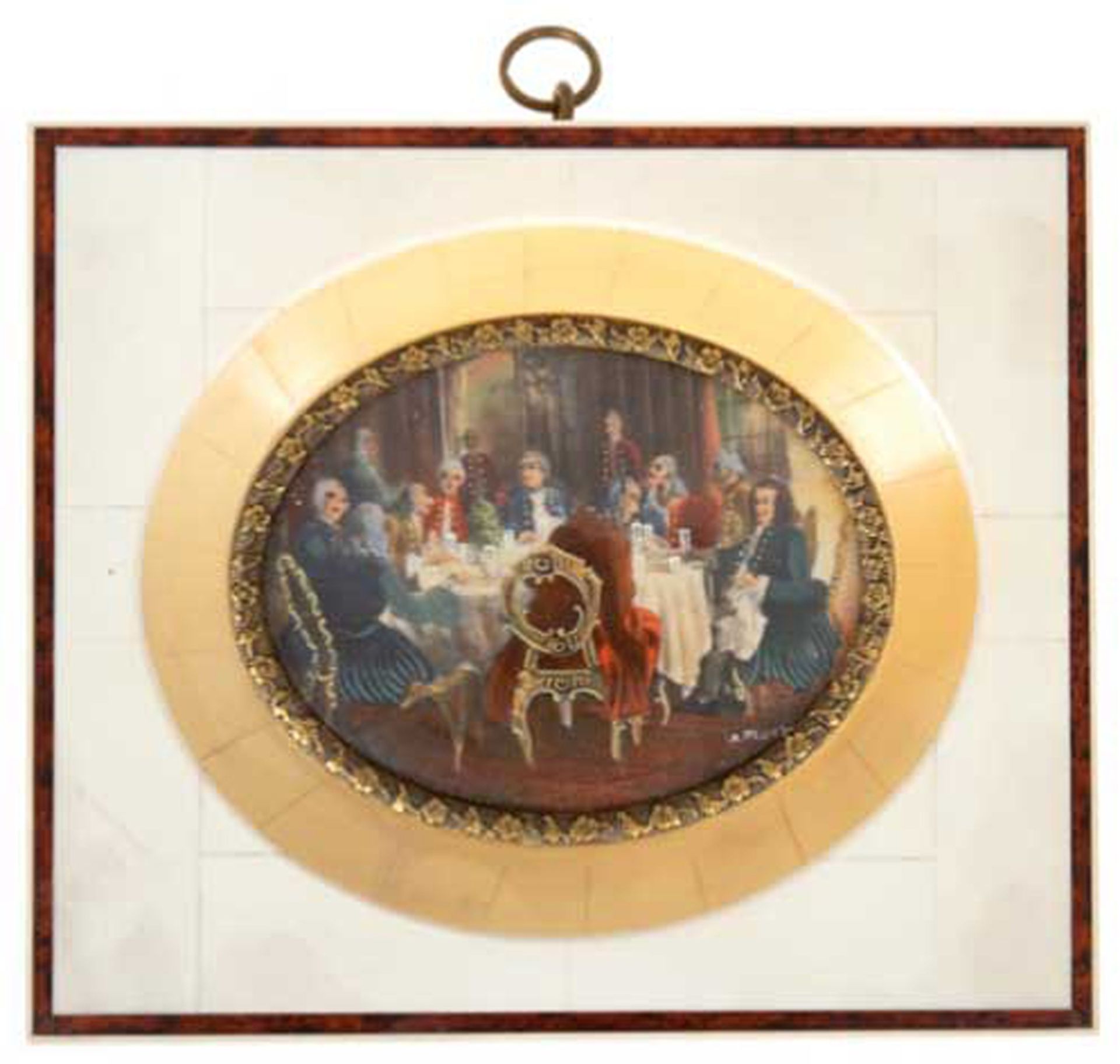 Miniatur "Rokokoszene an der gedeckten Tafel", feine Malerei, sign., oval, 6,5x8,5 cm, im Beinrahme