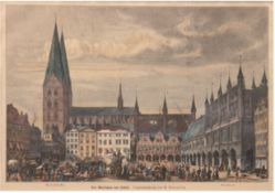 "Der Marktplatz von Lübeck", kolorierter Stich, nach Originalzeichnung von B. Mannfeld, mittig bez.