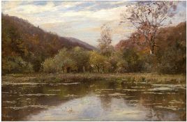 Koken, Gustav (1850 Hannover-1910 ebenda) "Harz-Landschaft am See", Öl/Lw. auf Spanplatte kaschiert