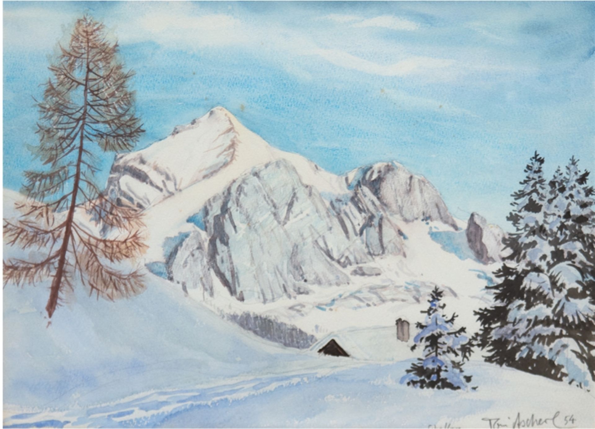 Ascherl, Toni (1897-1966) "Süddeutsche Landschaft- Der Schaftberg im Winter", Aquarell, sign., bez.