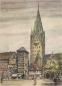 Rusche, Albert Moritz (1888 Zeddenick-1969 Magdeburg) "Kleinstadt mit Blick auf die Kirche", aquare