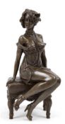 Bronze-Figur "Frau im Negligee auf Hocker sitzend", Nachguß 20. Jh., bez. "Cilo", braun patiniert, 
