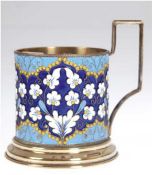 Teeglas-Halter, Rußland, 84 Zol. Silber, punziert, ca. 84 g,, polychrom emaillierter Floraldekor, H