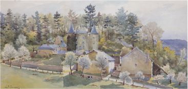Poussart, Jean M. (1891-1972) "Schloß Rocan", Aquarell, dat. 1925, 30x63 cm, im Passepartout hinter