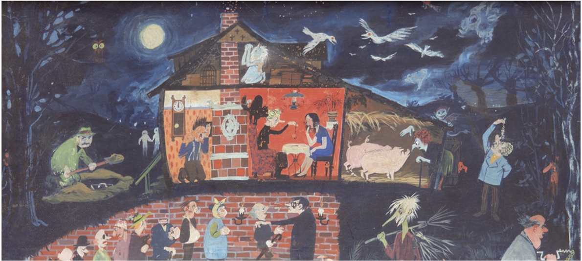 "Gespenstergeschichten", um 1960, Öl/Hf., unsign., 37x78 cm, Rahmen