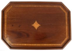 Tablett, England, Mahagoni, intarsiert, längliche, 8-eckige Form, Gebrauchspuren, 59x38 cm
