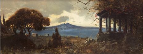 Maler um 1900 "Golf von Neapel mit Blick auf rauchenden Vesuv", Öl/Mp., unsigniert, einige Farbkrat