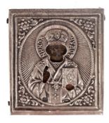 Ikone mit Oklad "Heiliger Nikolai", Russland 19. Jh., Silber, punziert, 5,4x4,5 cm