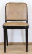 Fischel-Stuhl, Wien, ebonisiert, Sitz und Rückenlehne mit Rohrgeflecht, Aufkleber im Sitzrahmen, 80
