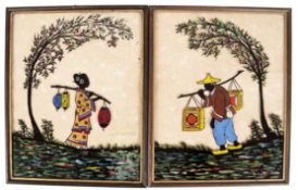 Chinesischer Künstler um 1950 "Frau mit Laternen" und "Mann mit Laternen", 2x Hinterglasmalerei, un