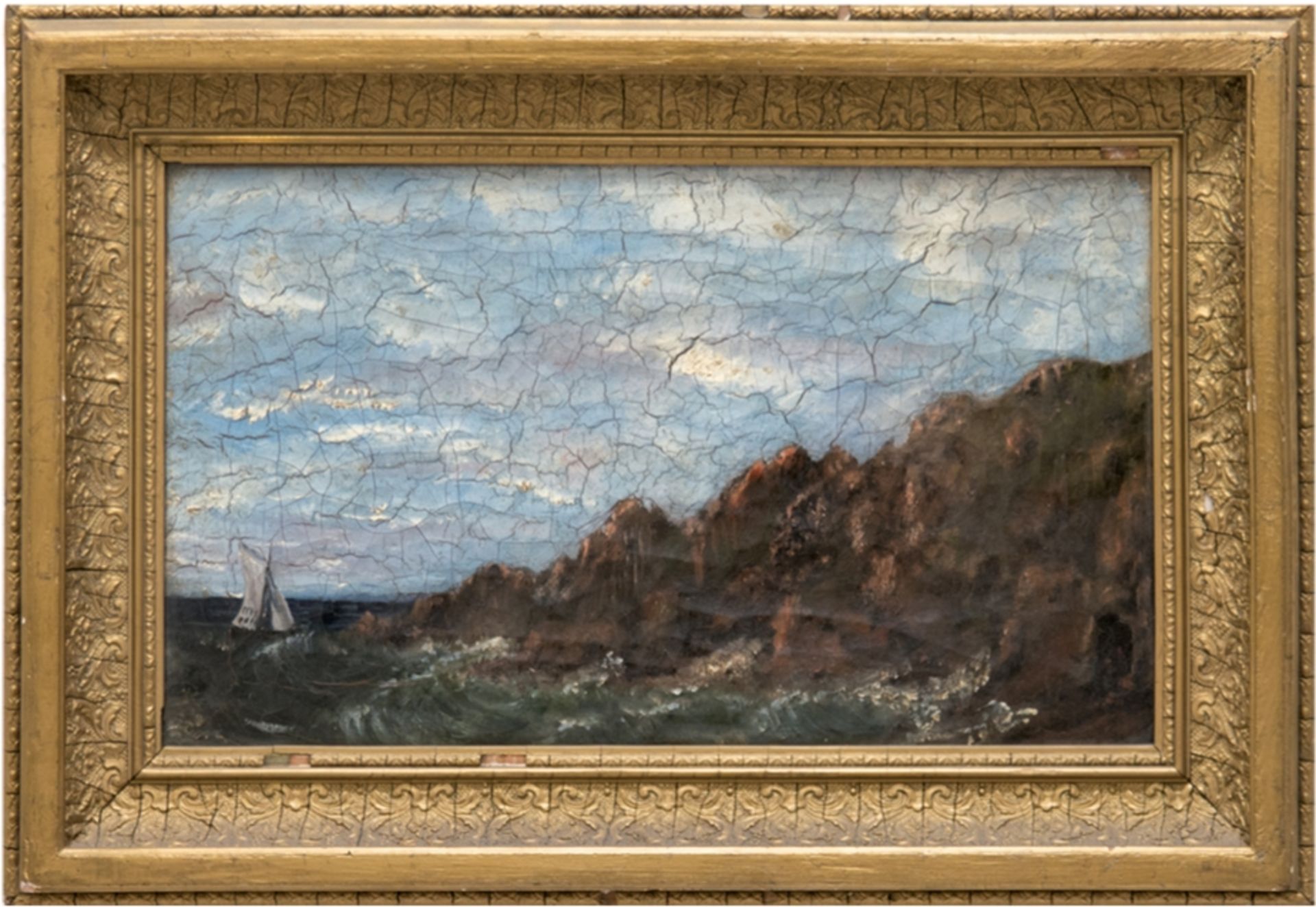 Maler des 19. Jh. "Segler vor Küste", Öl/Lw., sehr starke Craquelé, 24x40cm, Rahmen