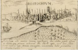 "Wismar", irrtümlich  bezeichnet Rostochium",  Kupfestich aus "Universus Terrarum Orbis" 1569, late