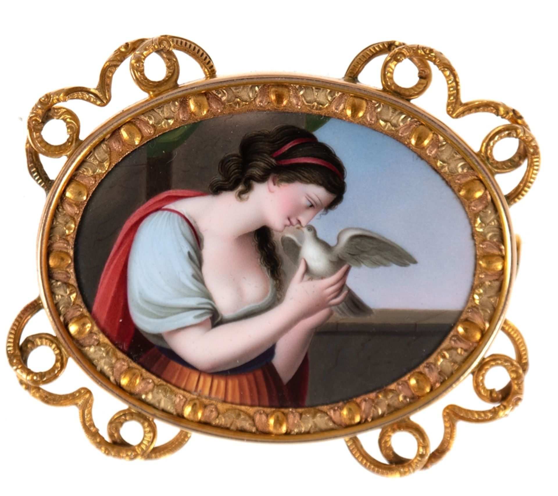 Brosche, ovale, vergoldete Fassung mit feiner Miniaturmalerei "Junge Dame mit Taube", 5,5x4,5 cm, i