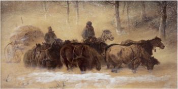 Russischer Maler um 1880 "Pferde im Winter", Aquarell, unsign., 25x52 cm, hinter Glas und Rahmen