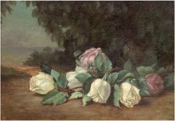 Stillebenmaler 19. Jh. "Rosen vor Landschaftshintergrund", Öl/Lw./Mp., unsign., 23x33 cm, Rahmen