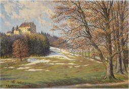 Bollhagen, Franz Wilhelm (1881 Wesenberg-1971 Dirlewang) "Die Mindelburg mit winterlichen Park", Öl