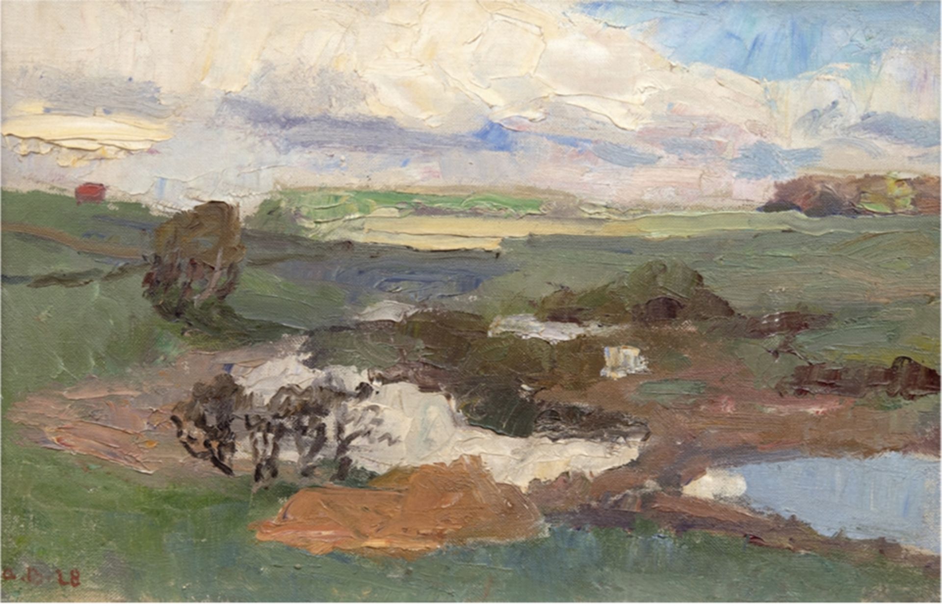 Expressionist Anf. 20. Jh. "Norddeutsche Landschaft", Öl/Lw., undeutl. monogr. u. dat. '28 u.l., rü