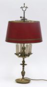 Tischlampe, England, Messing, 4-flammig, roter Pappschirm, Gebrauchspuren, H. 66 cm