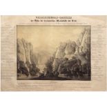 "Vergleichungs-Tabelle der Höhe der berühmtesten Wasserfälle der Erde", Litho. um 1870, wasserfleck