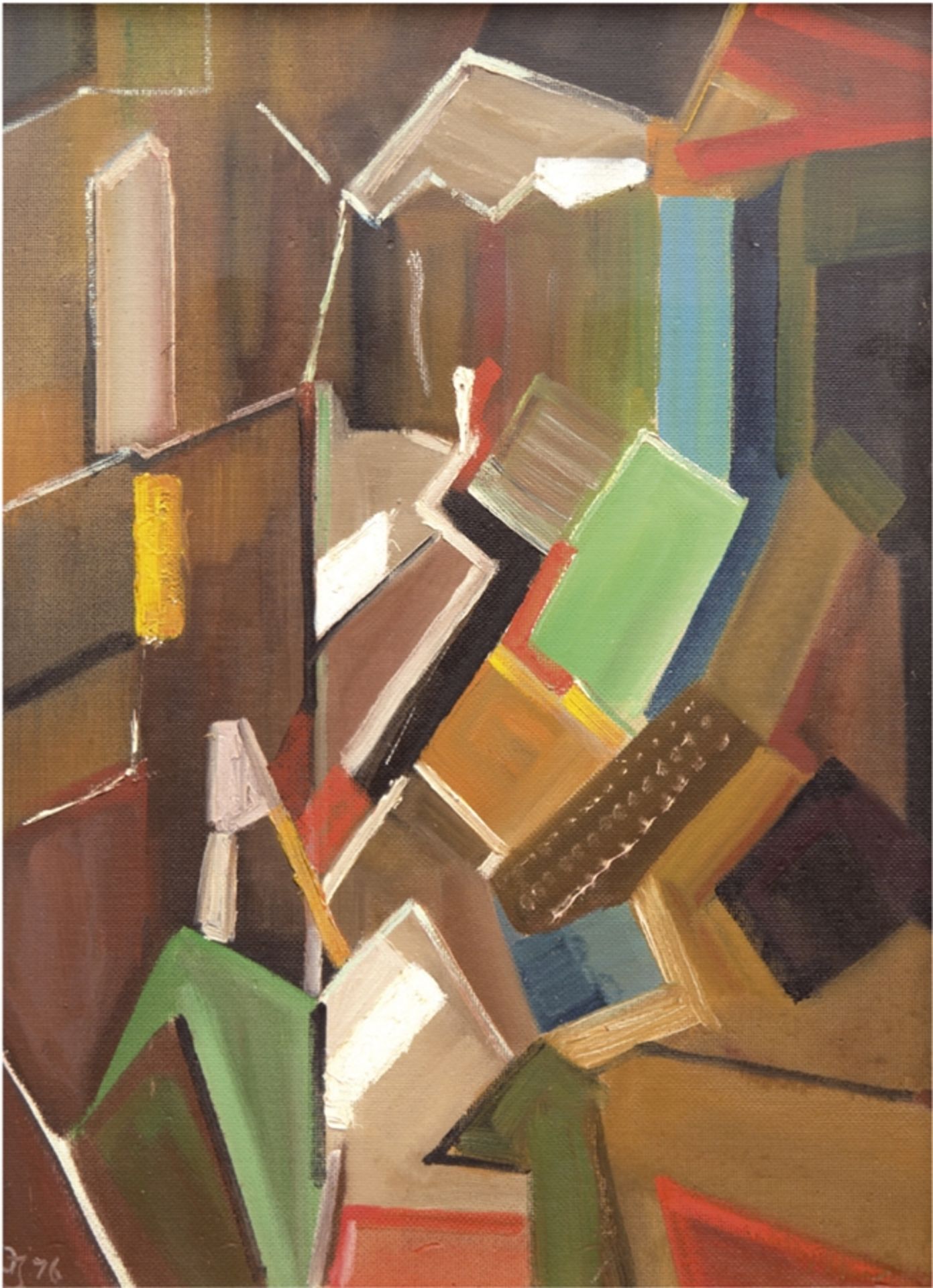 Monogrammist "OJ" "Abstrakte Flächenkomposition", Öl/Mp., monogr. u. dat. 1976  u.l., 63x46 cm, Rah