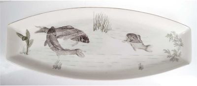 Große Fischplatte, Krautheim, Fisch- und Wasserpflanzendekor, 63x25 cm