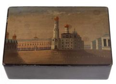 Lackdose, schwarz, Deckel polychrom bemalt "Ansicht Sankt Petersburg", 4,8x14x9,3 cm