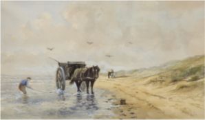 Pol "Pferdefuhrwerk am Meer", Aquarell, sign. u.r., 30x49 cm, im Passepartout hinter Glas und Rahme