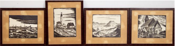 4 Holzschnitte von Zastrow, Wilhelm, dabei "Munkmarsch", "Kirche in Keitum", Dünen auf Sylt" und "L
