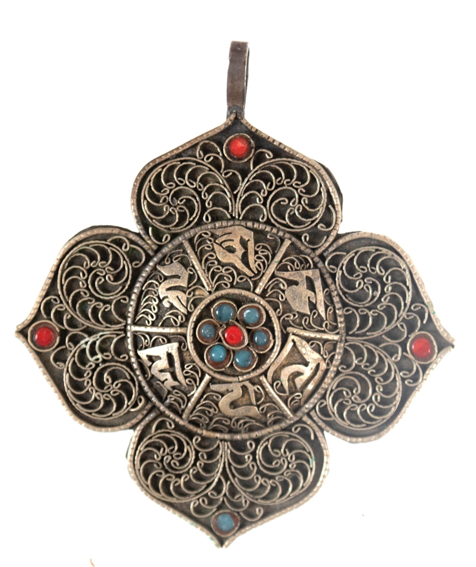 Anhänger, Persien, 925er Silber, filigran verziert, partiell blau und rot emailliert, L. 8 cm