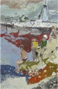Expressionist "Männer am Wasser, Öl/Lw., unsign., 72x45,5 cm, Rahmen (besch.)