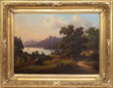 Italienischer Romantiker  des 19. Jh. "Spaziergang am See", Öl/Lw., unsign., doubliert, 50x68 cm, R