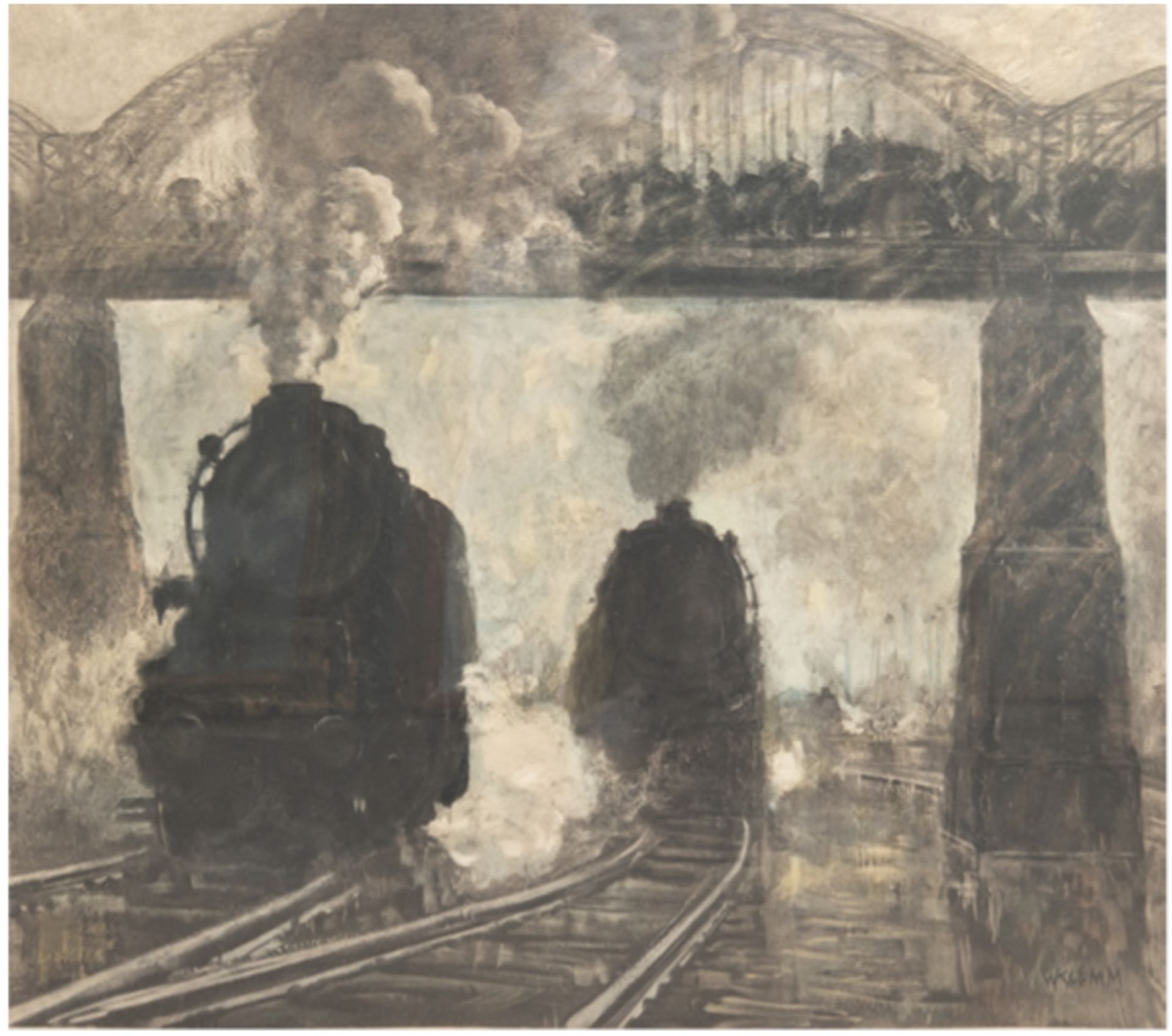 Klemm, Walther (1883-1957) "Eisenbahnen unter der Brücke", Litho., handsign. u.r., rückseitig Aufkl