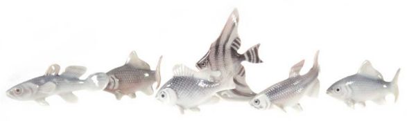 6 Miniatur-Fische, Metzler und Ortloff, Ilmenau (Thüringen), farbig staffiert, H. 2,5 cm bis 7 cm, 