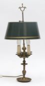 Tischlampe, England, Messing, 4-flammig, grüner Pappschirm, Gebrauchspuren, H. 67 cm