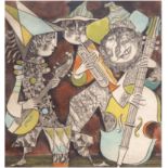 "3 Musiker beim Karneval", Grafik, undeutl. sign. oder bez. u.r., E.A. u.l., 42x37,5 cm, im Passepa
