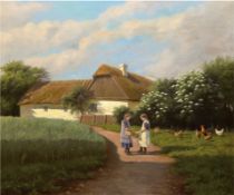 Larsen, Alfred (1860-1956, Dänischer Landschaftsmaler) "Bauerngehöft mit Kindern", Öl/Lw., sign. u.