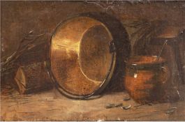 Chardin, Holländer um 1800 "Stilleben mit Eimer, Tasse und Holz", Öl/Holz, unsig., rückseitig bez. 