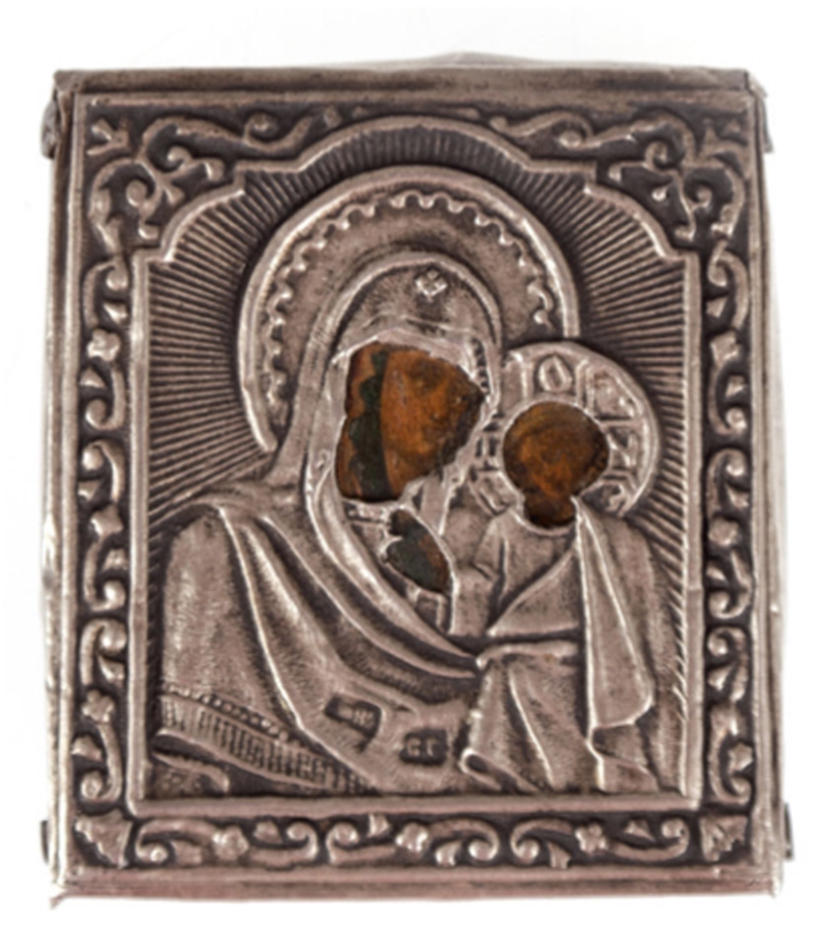 Ikone mit Oklad "Gottesmutter Tichwinskaja", Russland 19. Jh., Silber, punziert, 5x4,5 cm