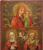 Ikone "Gottesmutter von Kasan mit 3 Heiligen", Zentralrussland 19. Jh., Eitempera/Holz