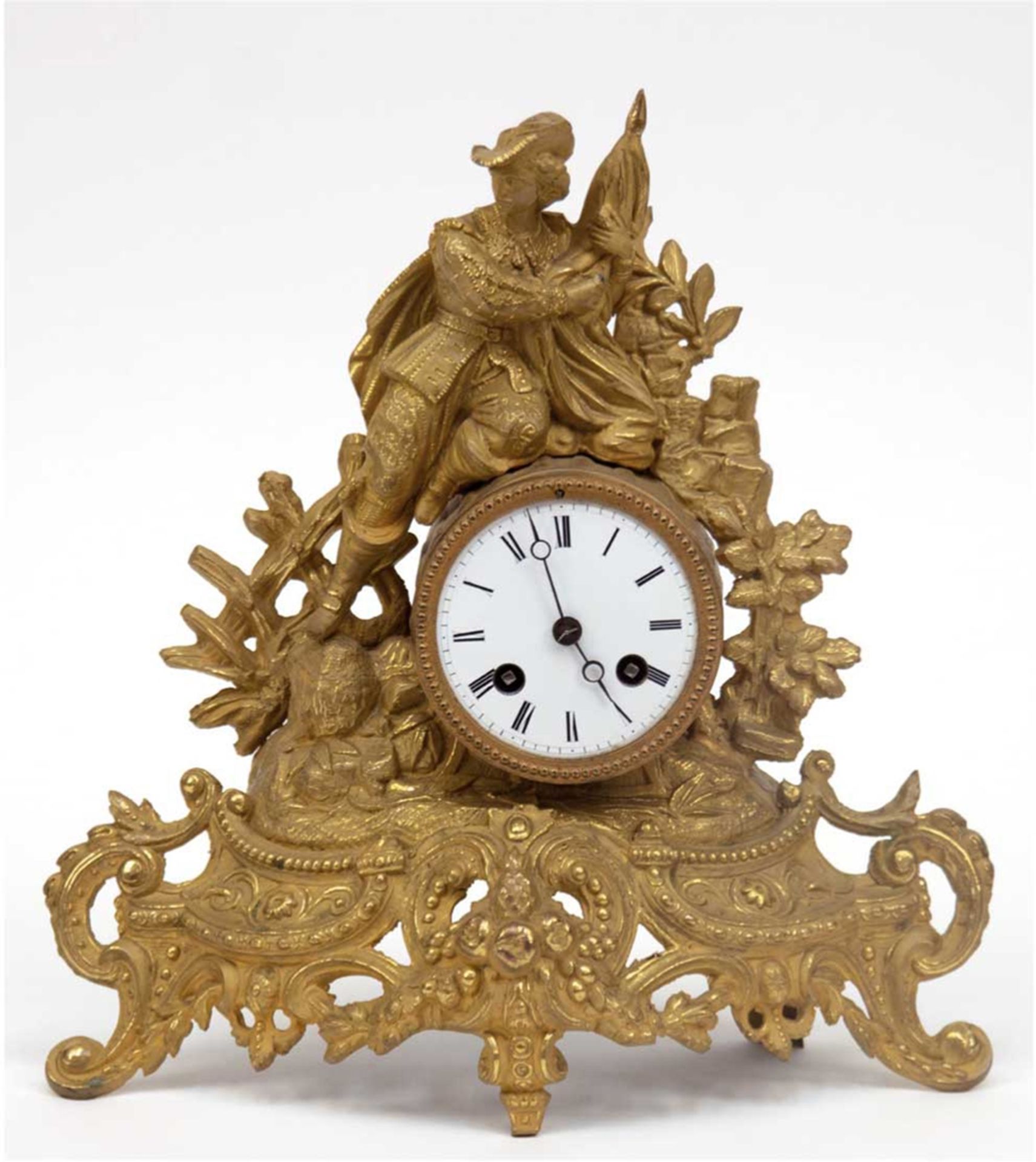 Französische Figurenpendule, Metall, vergoldet, mit Halb- und Vollstundenschlag auf Glocke, auf dem