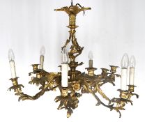 Deckenlampe, Messing, 12 Leuchterarme mit reichen Blattverzierungen, 6x elektrifiziert, H. ca. 55 c